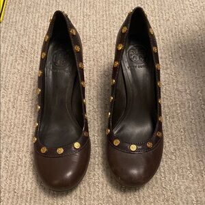 Tory Burch Brown Gold Studded Leather Heels